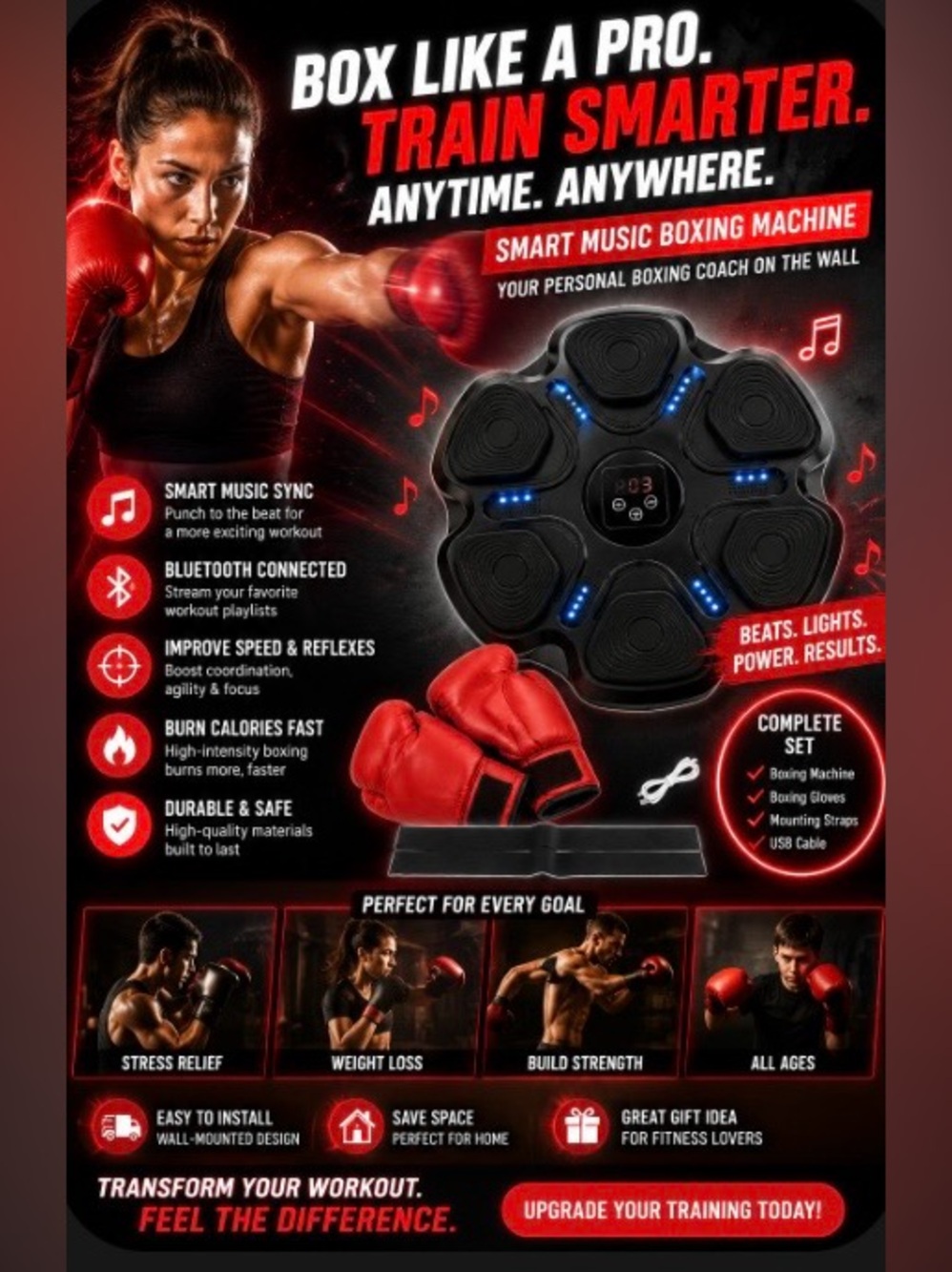 smart music boxing machine electronic, wall-mounted fitness training device. New